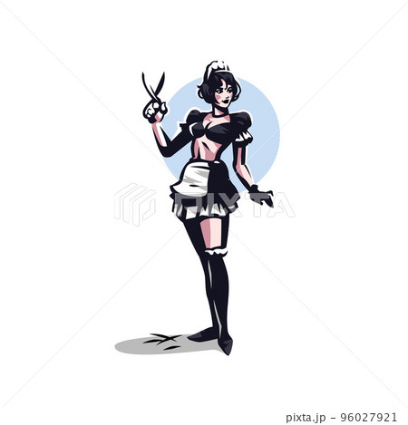 A vintage woman hairdresser in uniform holds scissors in her hands. 96027921