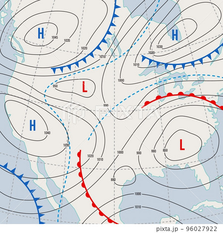 Forecast weather isobar USA map. Meteorology wind front and temperature diagram. United States of America weather forecast isobar map or vector background with cyclones, atmospheric pressure borders 96027922