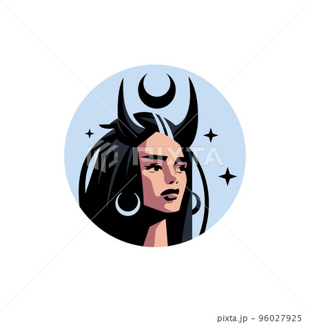 A female witch with black hair. Against the background are crescent moons and stars. Earrings in the ears in the shape of a crescent moon 96027925