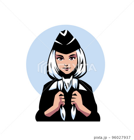 Girl stewardess in a cap holding her hands on a tie 96027937