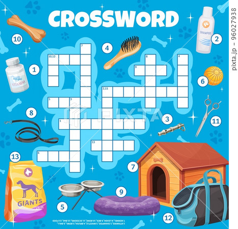 Dog and puppy pet care. Crossword grid worksheet. Find a word quiz game, kindergarten child text riddle or vector intellectual quiz with dog house, food, toy and pet grooming tools, puppy ball toy 96027938