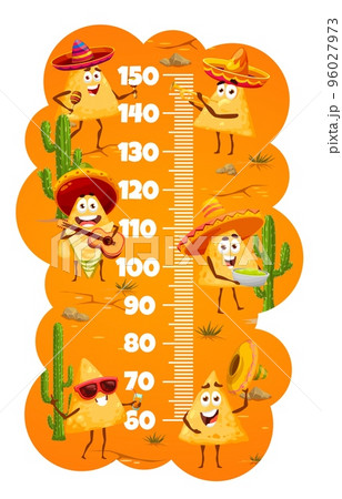 Kids height chart ruler with funny cartoon Mexican nachos chips, vector growth meter. Kids height scale or tall chart with nachos ships in sombrero and poncho with guitar, maracas and guacamole 96027973
