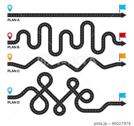 Plan B. Destination point. Expectation, reality path way, challenge possible scenario or difficult path to goal, success alternative strategy or journey to life complicated target, vector 96027978