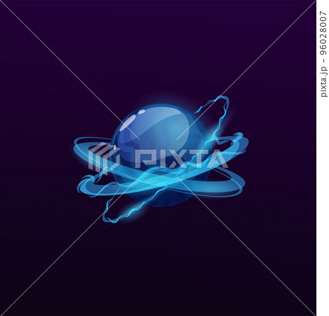 Blue glossy space planet with lightnings rings. Sci-Fi game user interface vector icon with cartoon fantastic planet. Alien home world, satellite or planet with electricity discharges in atmosphere Blue glossy space planet with lightnings rings. Sci-Fi game user interface vector icon with cartoon fantastic planet. Alien home world, satellite or planet with electricity discharges in atmosphere 96028007