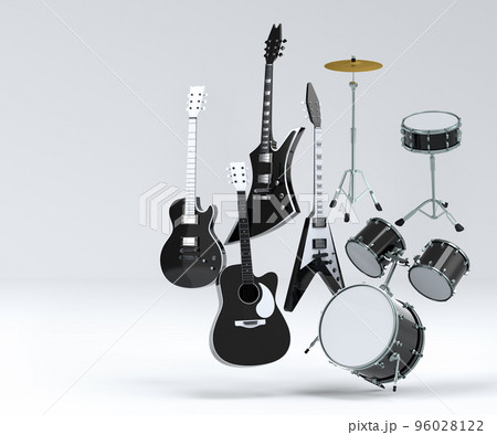 Set of electric acoustic guitars and drums with cymbals on white background Set of electric acoustic guitars and drums with cymbals on white background 96028122