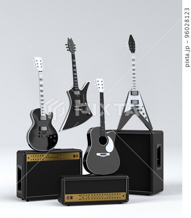 Set of electric acoustic guitars and amplifiers on white background 96028123