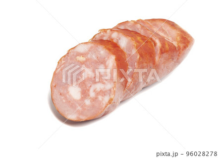 Smoked krakow sausage slices, isolated on white background 96028278