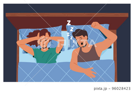 Couple Lying in Bed, Female Character Suffer of Husband Snoring Having Headache. Snore Disease, Breathing Disorder 96028423