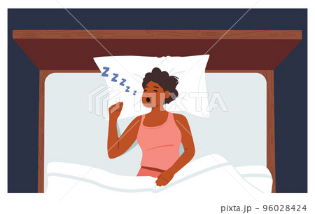 Sleep Apnea, Snoring, Fast Asleep Concept. Young Woman Lying In Bed Loudly Snore With Open Mouth While Deep Sleep 96028424
