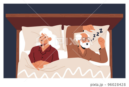 Senior Woman Suffering Of Husband Snoring. Old Male Character Snore At Night Sleep. Breathing Apnea Disease 96028428