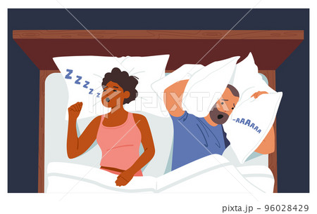 Snore Disease, Breathing Health Disorder, Annoyance Concept. Male Character Suffer Of Wife Snoring Covering Ears 96028429