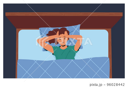 Unhappy Sleepless Female Character Suffer Of Insomnia Due To Snore, Loud Noise In Room Or Annoying Thoughts In Mind 96028442