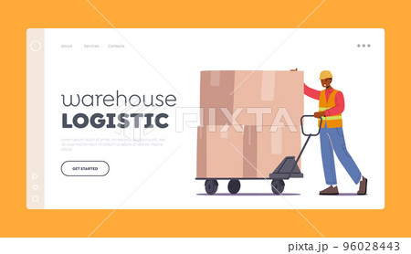 Warehouse Logistic Landing Page Template. Worker in Uniform Driving Truck with Stack of Boxes. Cargo Transportation 96028443