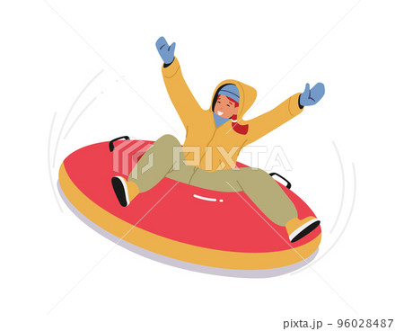 Happy Girl Sliding On Snow Tube Down The Mountain Slope. Tubing Winter Holidays Extreme, Active Female Character Happy Girl Sliding On Snow Tube Down The Mountain Slope. Tubing Winter Holidays Extreme, Active Female Character 96028487