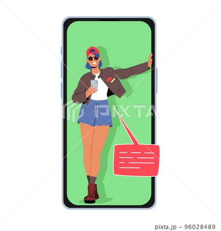 Young Woman Chatting and Messaging in Social Network. Trendy Student Girl Character Texting Sms or Call on Mobile Young Woman Chatting and Messaging in Social Network. Trendy Student Girl Character Texting Sms or Call on Mobile 96028489