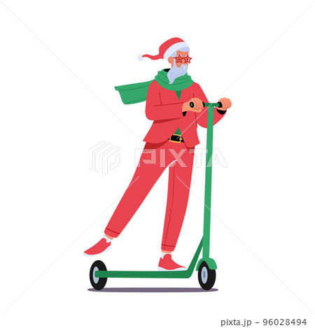 Santa Claus Christmas Character Riding Electric Scooter. Cool Trendy Father Noel in Stylish Red Festive Suit and Hat Santa Claus Christmas Character Riding Electric Scooter. Cool Trendy Father Noel in Stylish Red Festive Suit and Hat 96028494