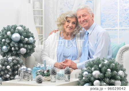 Elderly couple in a room with New Year's decor Elderly couple in a room with New Year's decor 96029042