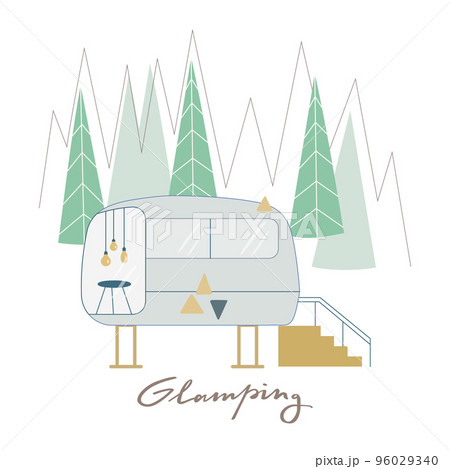 Glamping trailer, caravan around pine forest for outdoor relax. Cute vector illustration for web. 96029340