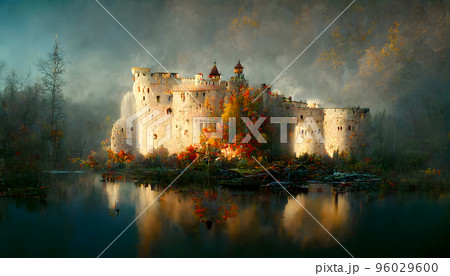 fantastic white castle on lake at autumnal cloudy morning, neural network generated art fantastic white castle on lake at autumnal cloudy morning, neural network generated art 96029600