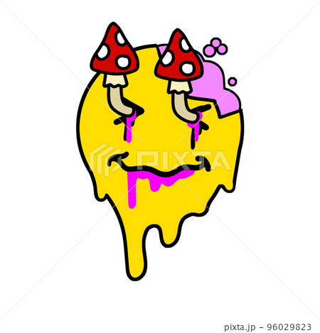 Acid smile face with brain. Melted rave and techno symbol of 90s. 96029823