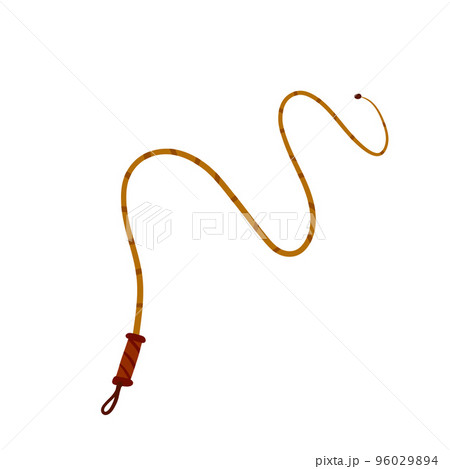 Whip for training an animal. Long cord. Horsewhip of Wild West. Flat cartoon. Concept of slavery, submission and domination Whip for training an animal. Long cord. Horsewhip of Wild West. Flat cartoon. Concept of slavery, submission and domination 96029894