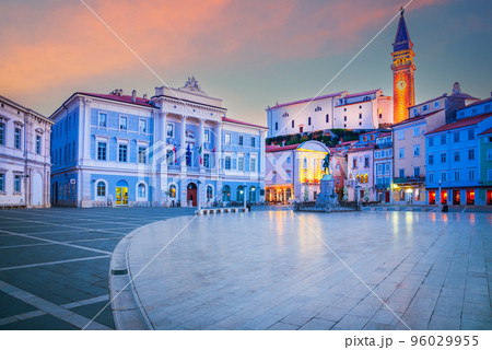 Piran, Slovenia - Tartini Square morning lights Piran, Slovenia - Tartini Square morning lights 96029955