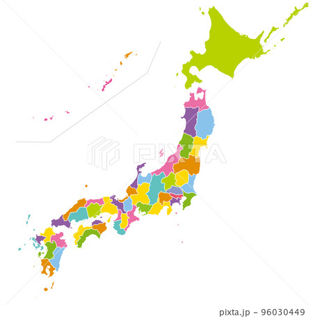 カラフルな日本地図、明るい色 96030449