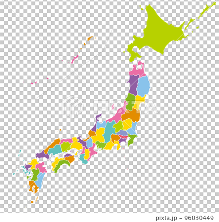 カラフルな日本地図、明るい色 96030449