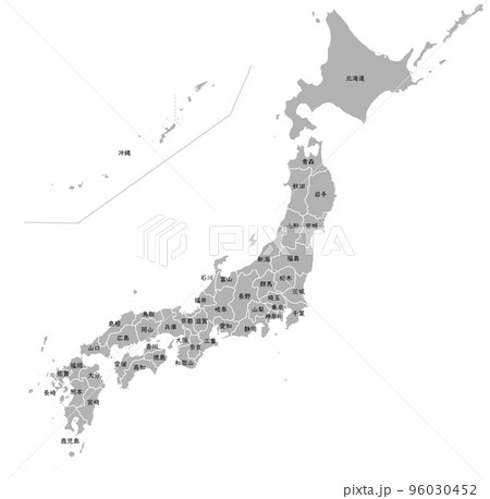 県境のある日本地図、モノクロ、県名入り 県境のある日本地図、モノクロ、県名入り 96030452