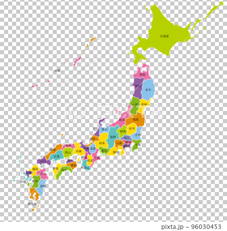 Colorful map of Japan with prefecture names Colorful map of Japan with prefecture names 96030453
