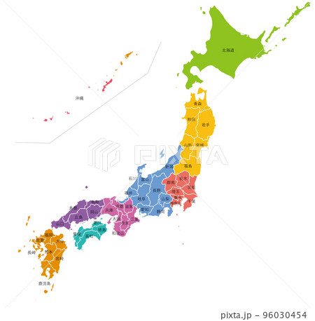 地方で色分けされた日本地図、県名入り 96030454