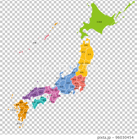 日本地圖,按地區進行顏色編碼,並附有縣名 日本地圖,按地區進行顏色編碼,並附有縣名 96030454