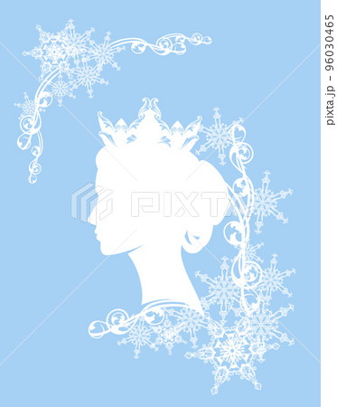 white vector silhouette portrait of fairy tale winter princess or queen with snow decor 96030465