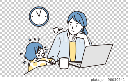 テレワーク中の女性と泣く子供	 96030641