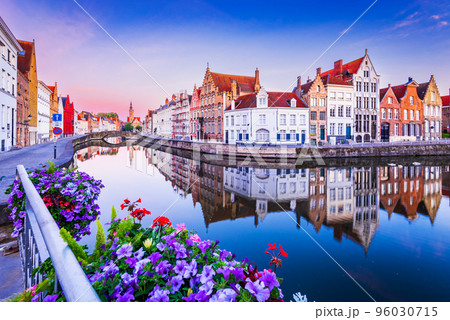 Bruges, Belgium. Flanders famous city with sunrise over Spiegelrei Canal. Bruges, Belgium. Flanders famous city with sunrise over Spiegelrei Canal. 96030715
