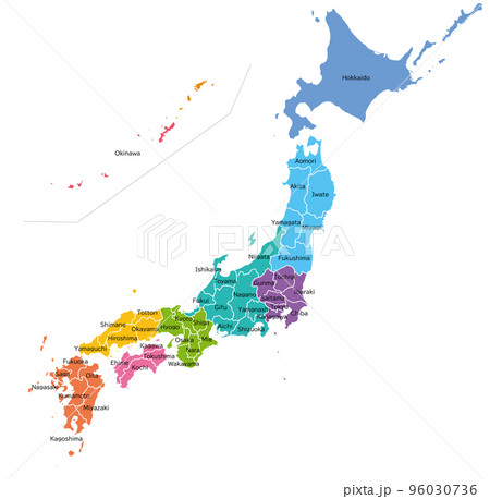 地方で色分けされた日本地図、英語の県名 96030736