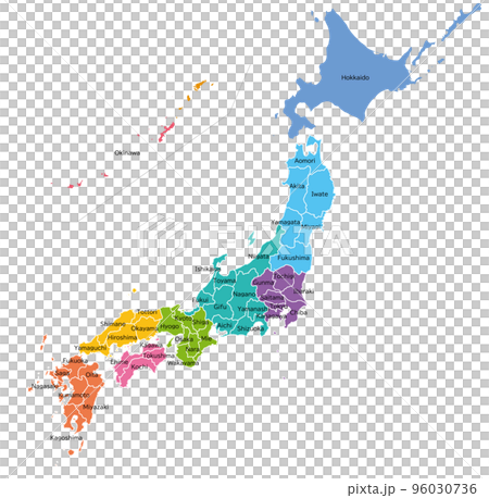 地方で色分けされた日本地図、英語の県名 96030736