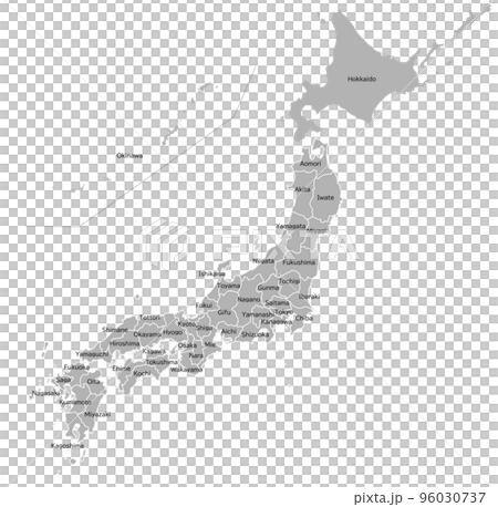 県境のある日本地図、モノクロ、英語 96030737