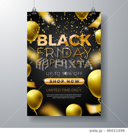 Black Friday Sale Illustration with Golden Lettering and Party Balloon on Dark Background. Vector New Year and Christmas Design Template for Greeting Card, Flyer, Banner, Celebration Poster or Party Black Friday Sale Illustration with Golden Lettering and Party Balloon on Dark Background. Vector New Year and Christmas Design Template for Greeting Card, Flyer, Banner, Celebration Poster or Party 96031096