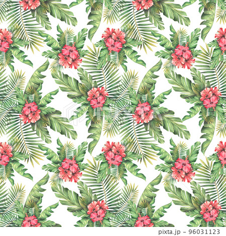 Red hibiscus flowers with tropical palm leaves on a white background. Watercolor illustration. Seamless pattern. For textiles, fabric, interior, wallpaper, cover, paper, clothing, beach and summer 96031123