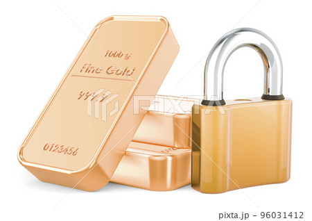 Golden bullions with padlock, 3D rendering 96031412