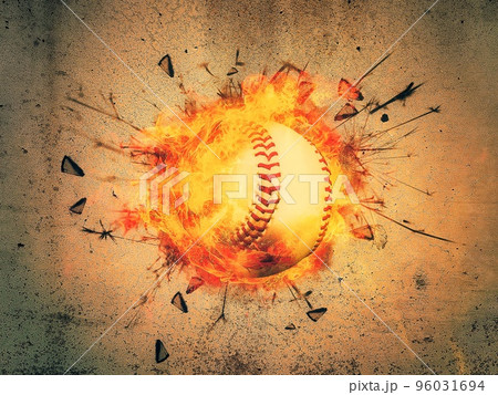 コンクリート壁にめり込んだ火炎のスポーツボールの3dイラストレーション 96031694