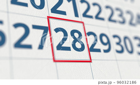 Calendar with marked 28 day of the month close-up. 3D rendering Calendar with marked 28 day of the month close-up. 3D rendering 96032186