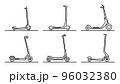 Set of flat design images of kick scooters drawn in art line style. 96032380