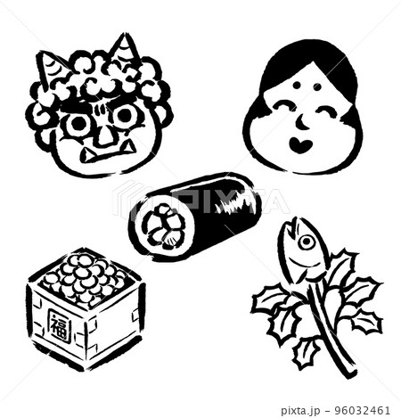 節分アイテム（鬼・おたふく・恵方巻・福豆・柊鰯）　筆タッチ単色線画 96032461