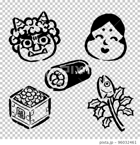 節分アイテム（鬼・おたふく・恵方巻・福豆・柊鰯）　筆タッチ単色線画 96032461