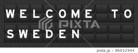 Black color analog flip board with word welcome to sweden on gray background 96032944