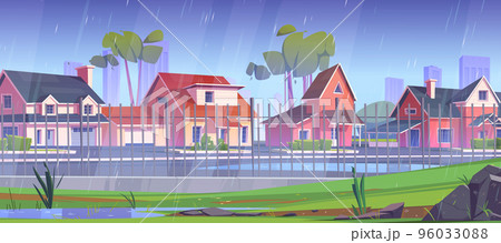 Suburban area at rain, street with cottage houses Suburban area at rain, street with cottage houses 96033088