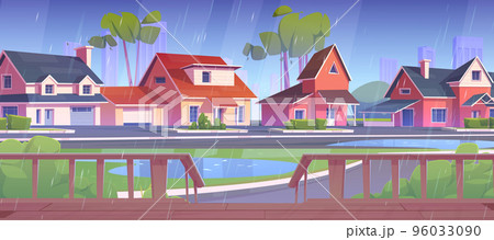 Suburb street with houses, wooden terrace in rain 96033090