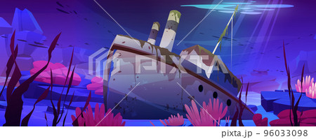 Wreck ship, sunken steamboat lying on ocean bottom Wreck ship, sunken steamboat lying on ocean bottom 96033098